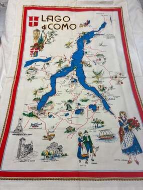 Vintage Lago di Como Italy Souvenir Map Tea Towel Lucia & Renzo